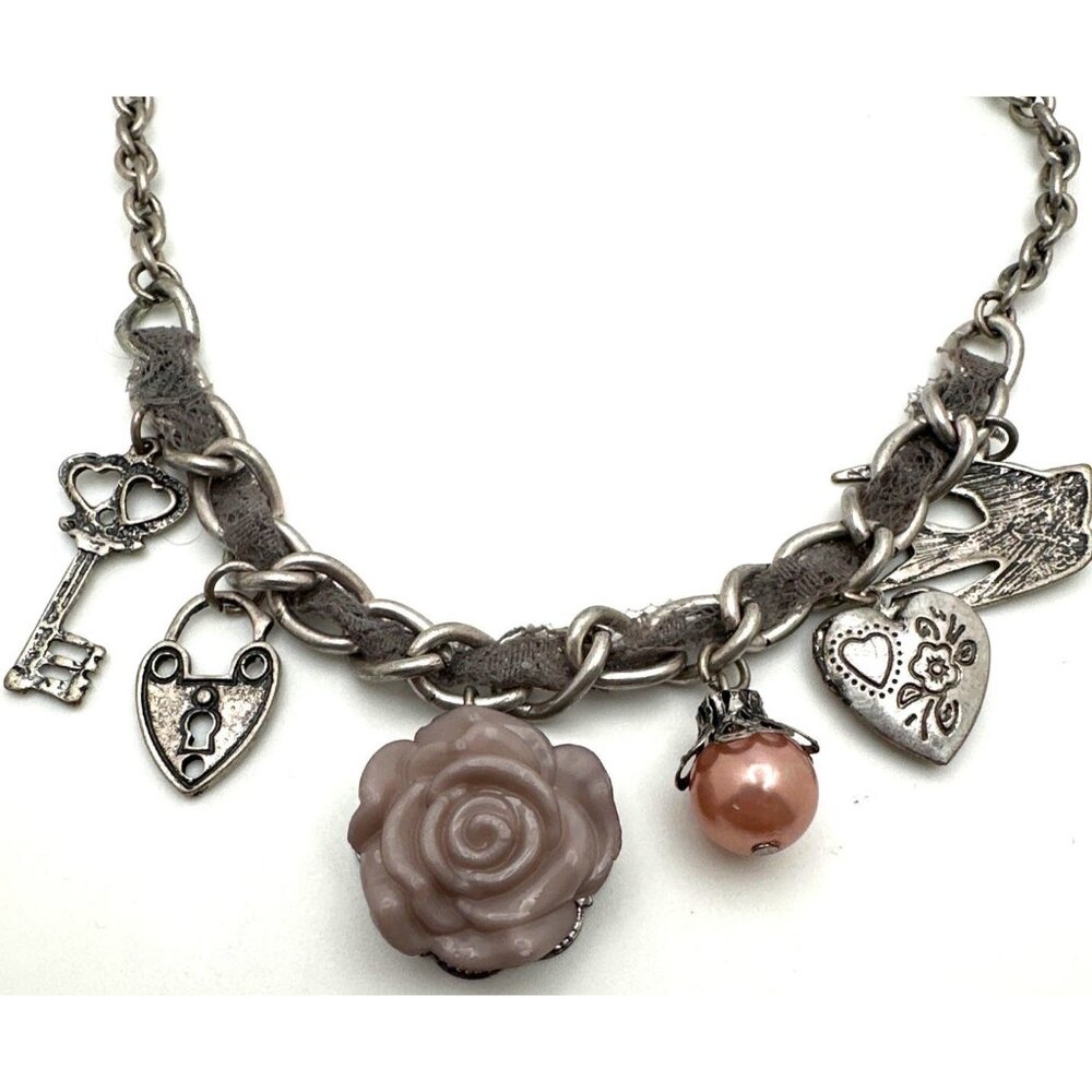 Whimsical Eclectic Charm Necklace Rose Heart Key Silver Tone Chain Vintage Inspo